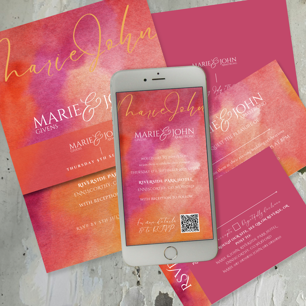 Sunset Burst Watercolour Wedding Invitation Suite, eVite & RSVP Website