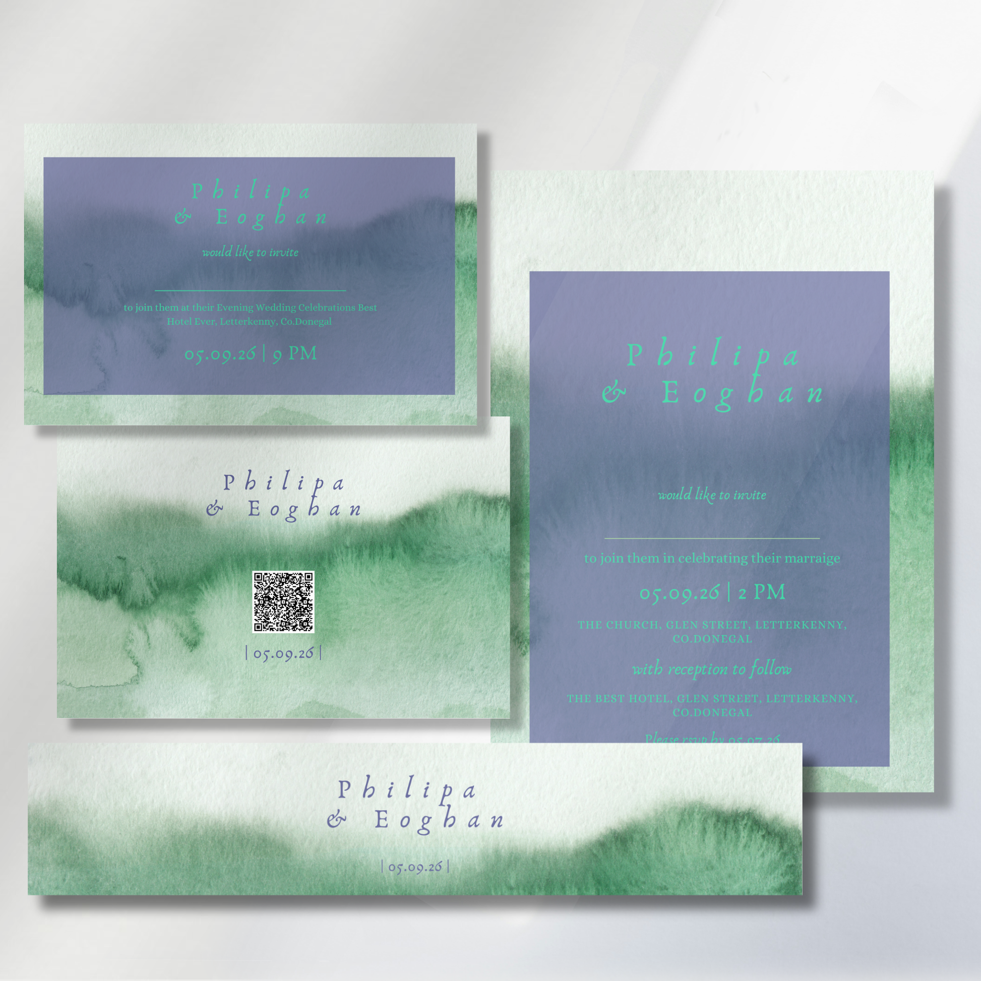 Meadow Mist Watercolour Wedding Invitation Suite – Canva Template