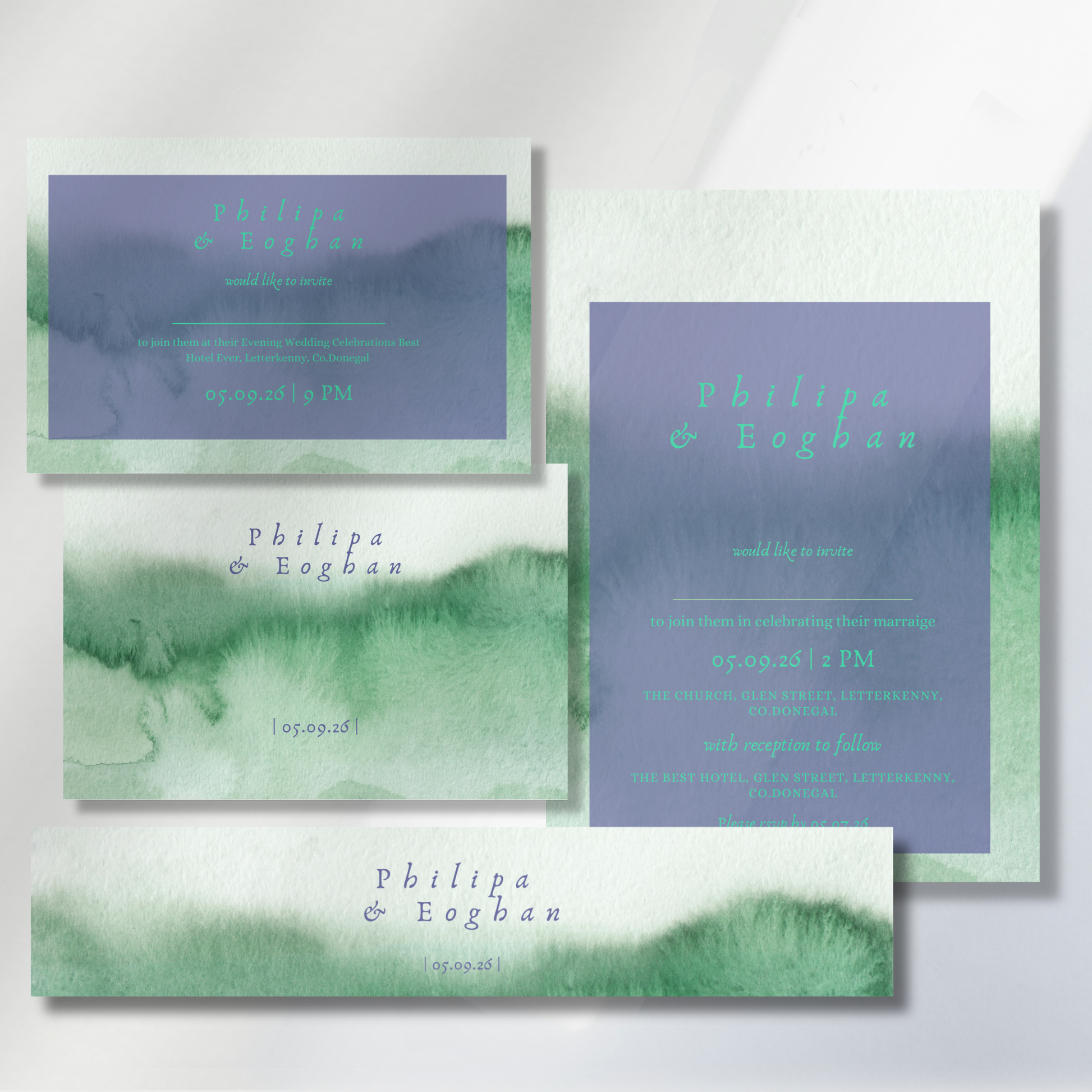 Meadow Mist Watercolour Wedding Invitation Suite – Canva Template