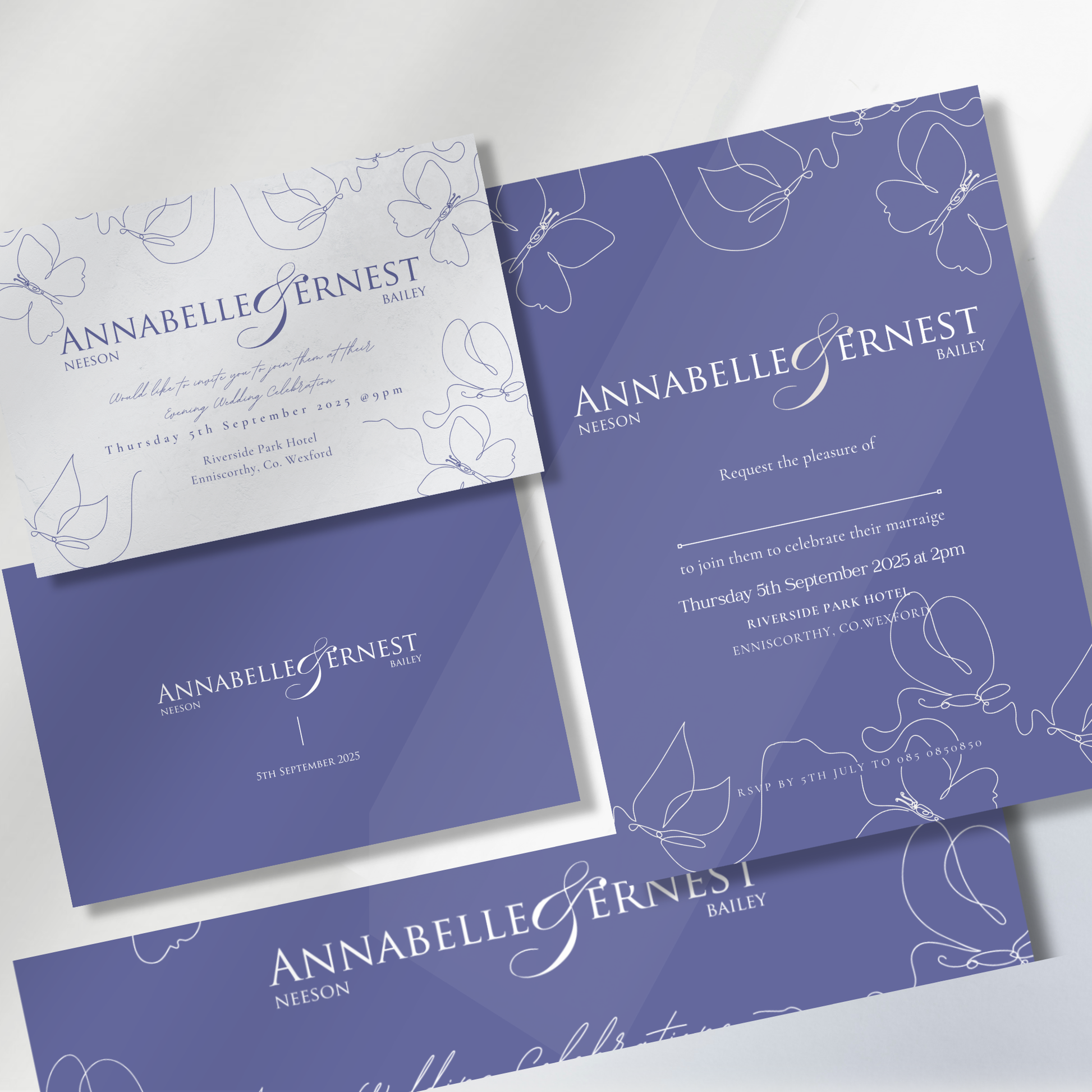 Midnight Bloom Line Art Wedding Invitation Suite (Print-Ready PDF Files)