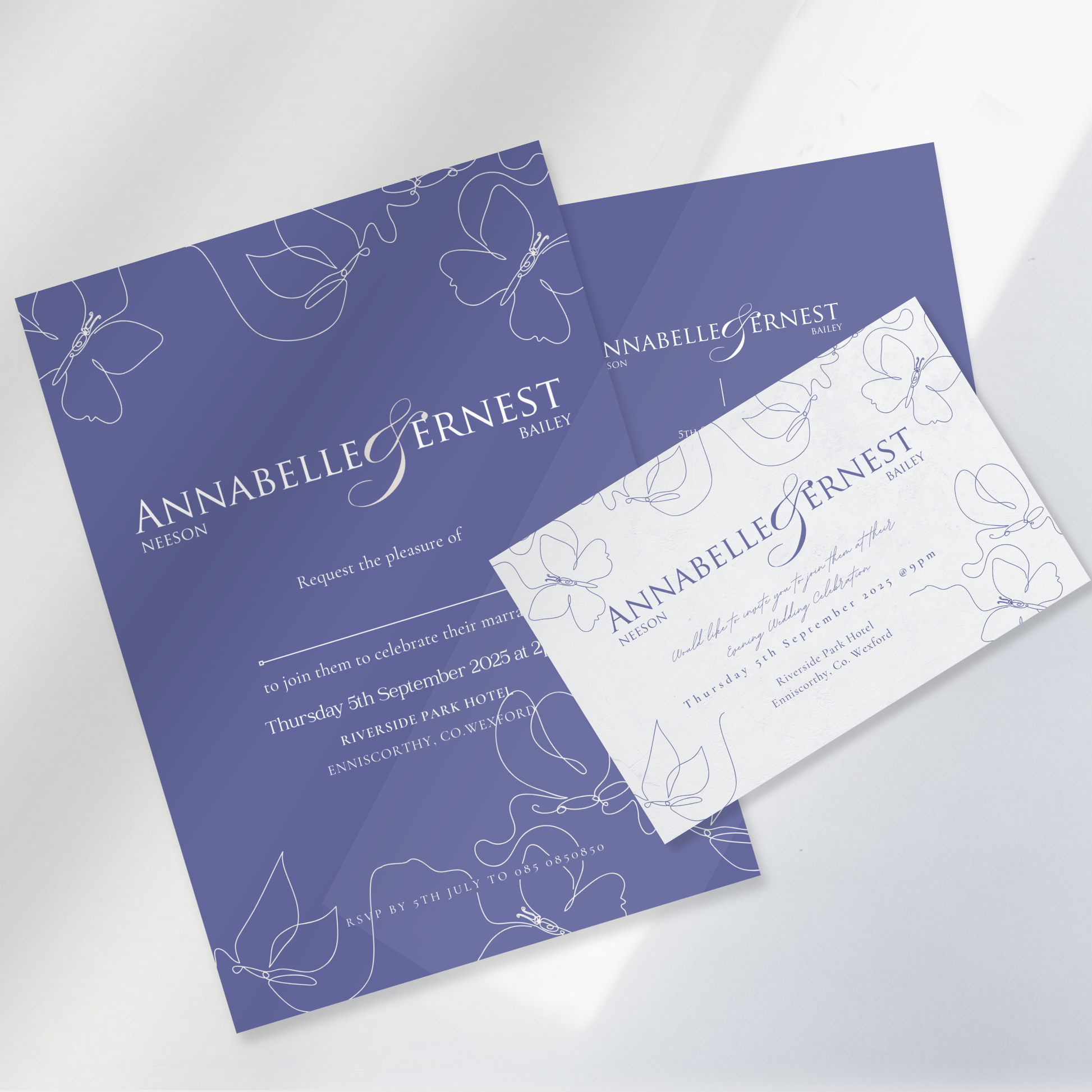 Midnight Bloom Line Art Wedding Invitation Suite (Print-Ready PDF Files)