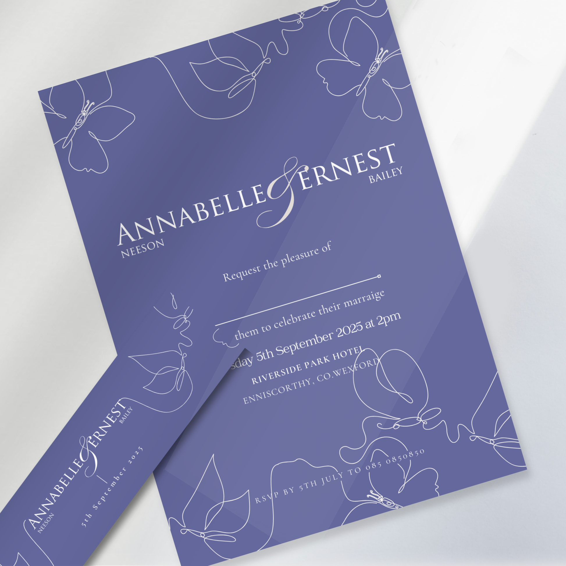 Midnight Bloom Line Art Wedding Invitation Suite (Print-Ready PDF Files)