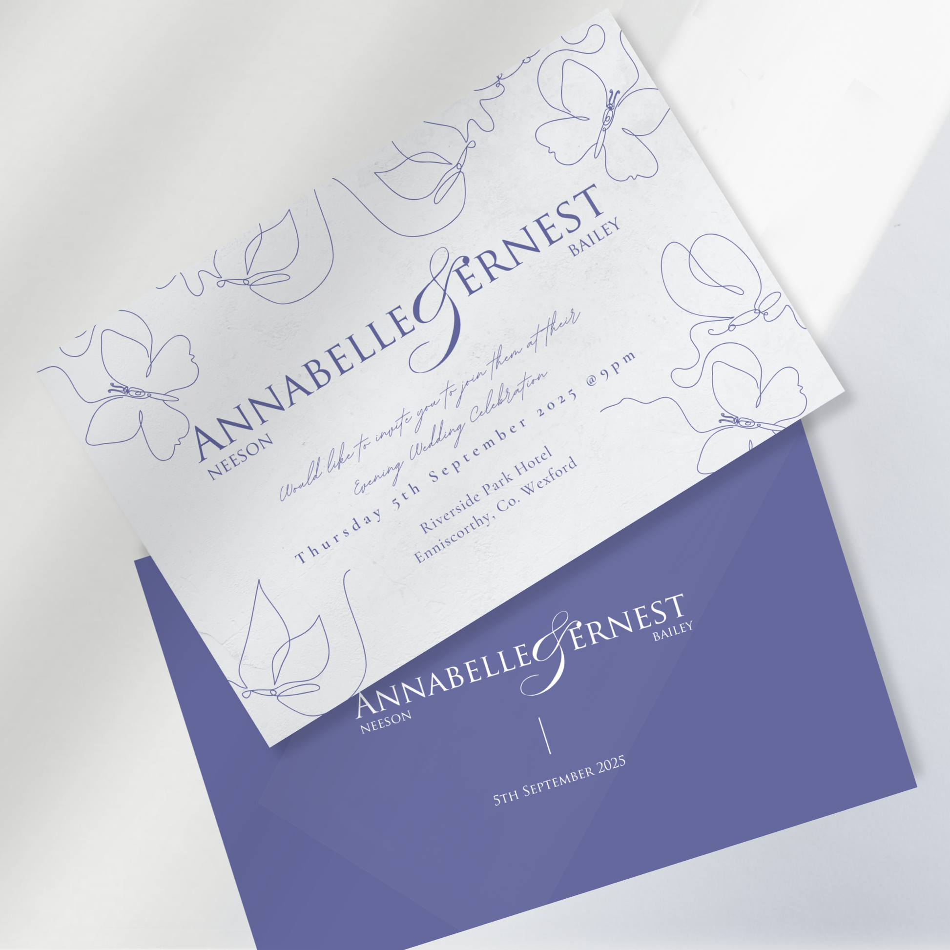 Midnight Bloom Line Art Wedding Invitation Suite (Print-Ready PDF Files)