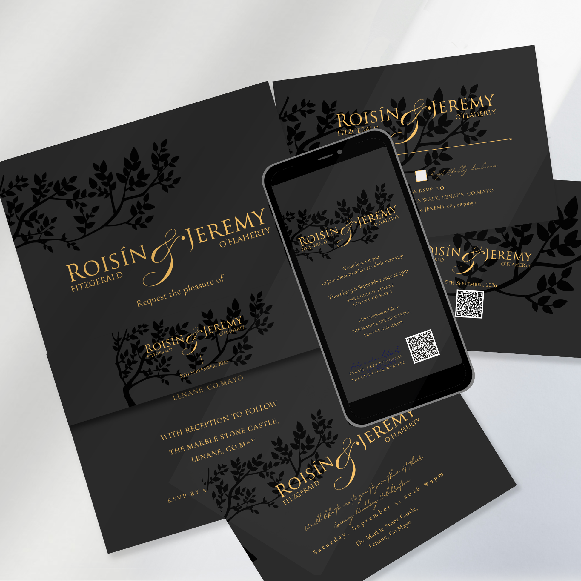 Midnight Botanical Wedding Invitation Suite – Canva Template
