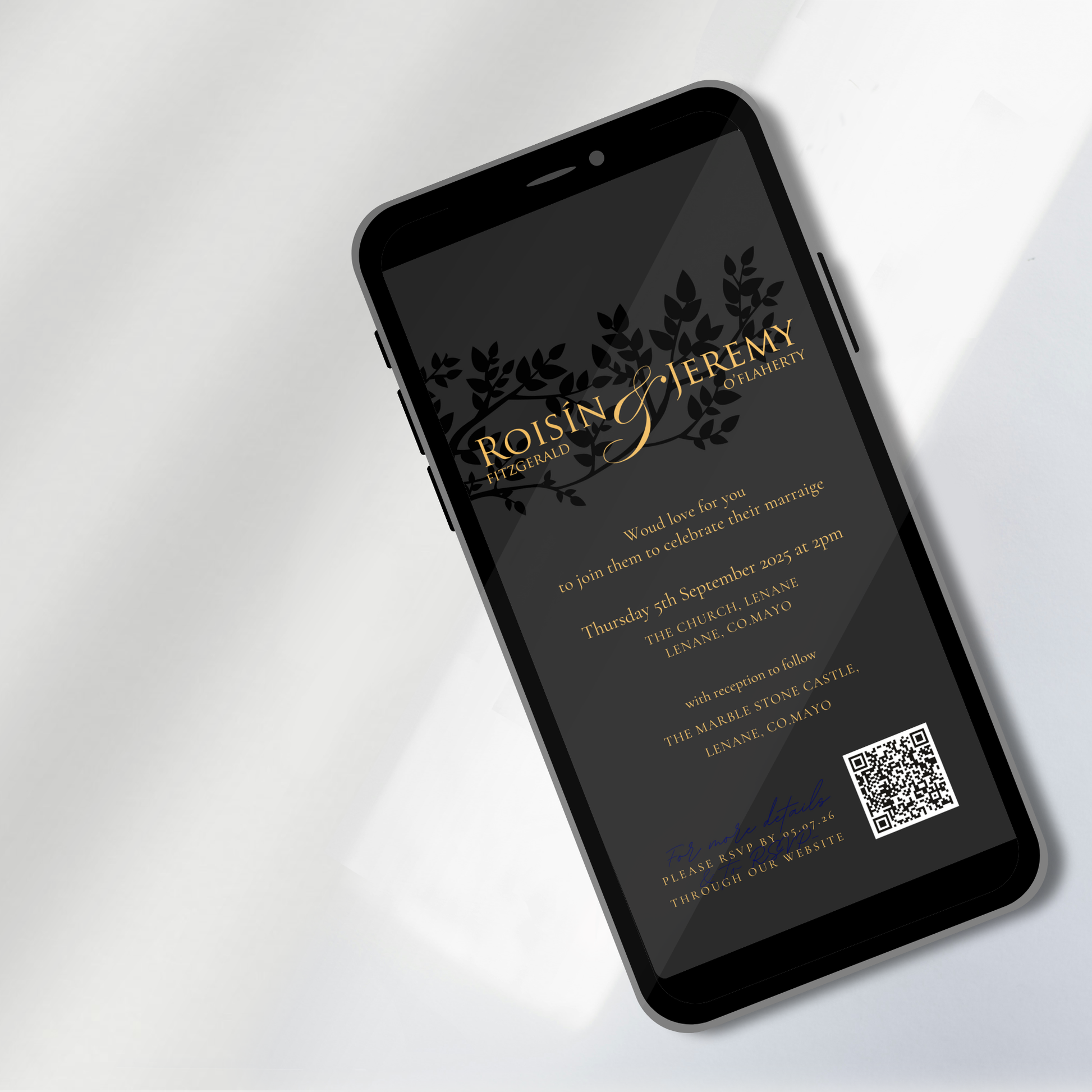 Midnight Botanical Wedding Invitation Suite – Canva Template