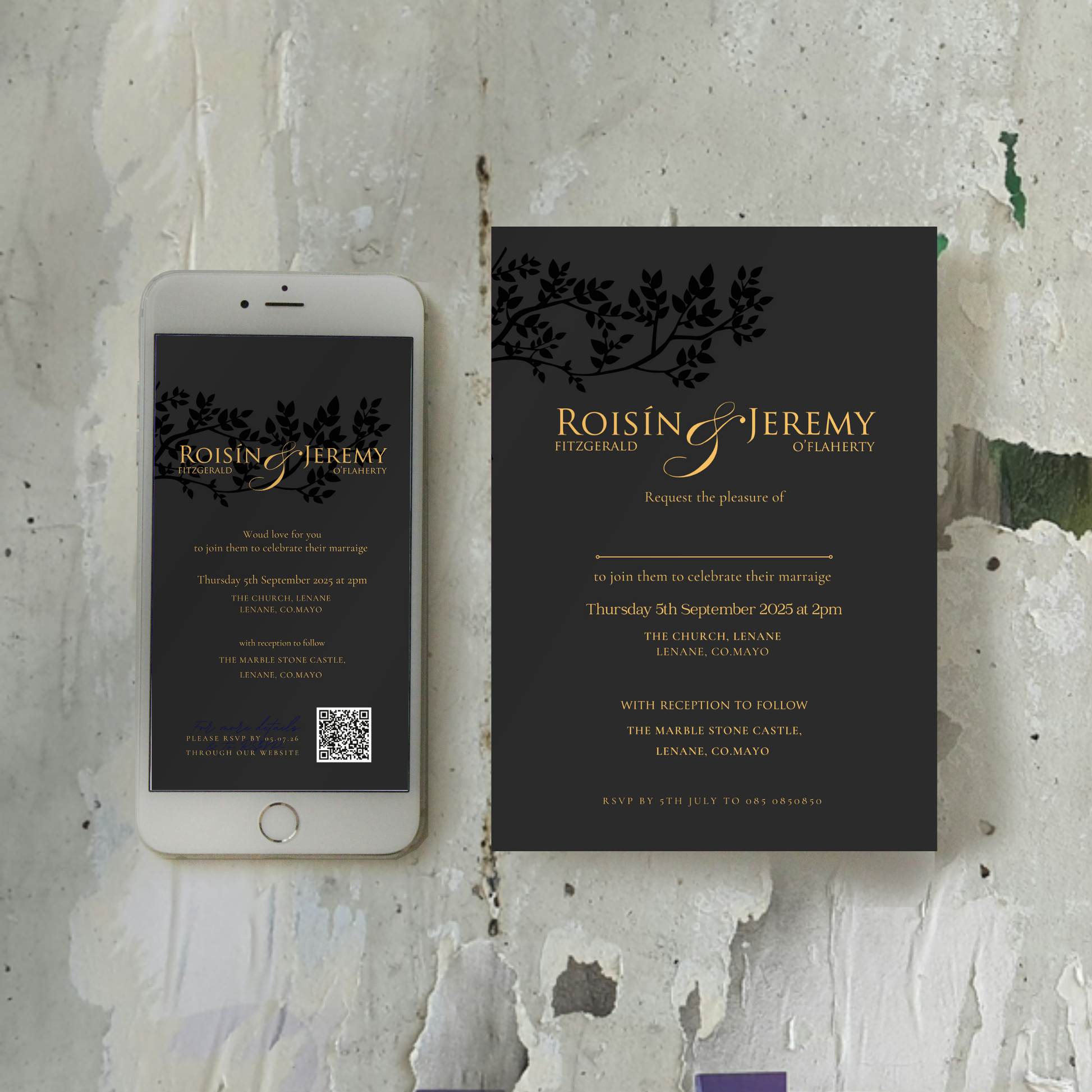 Midnight Botanical Wedding Invitation Suite – Canva Template