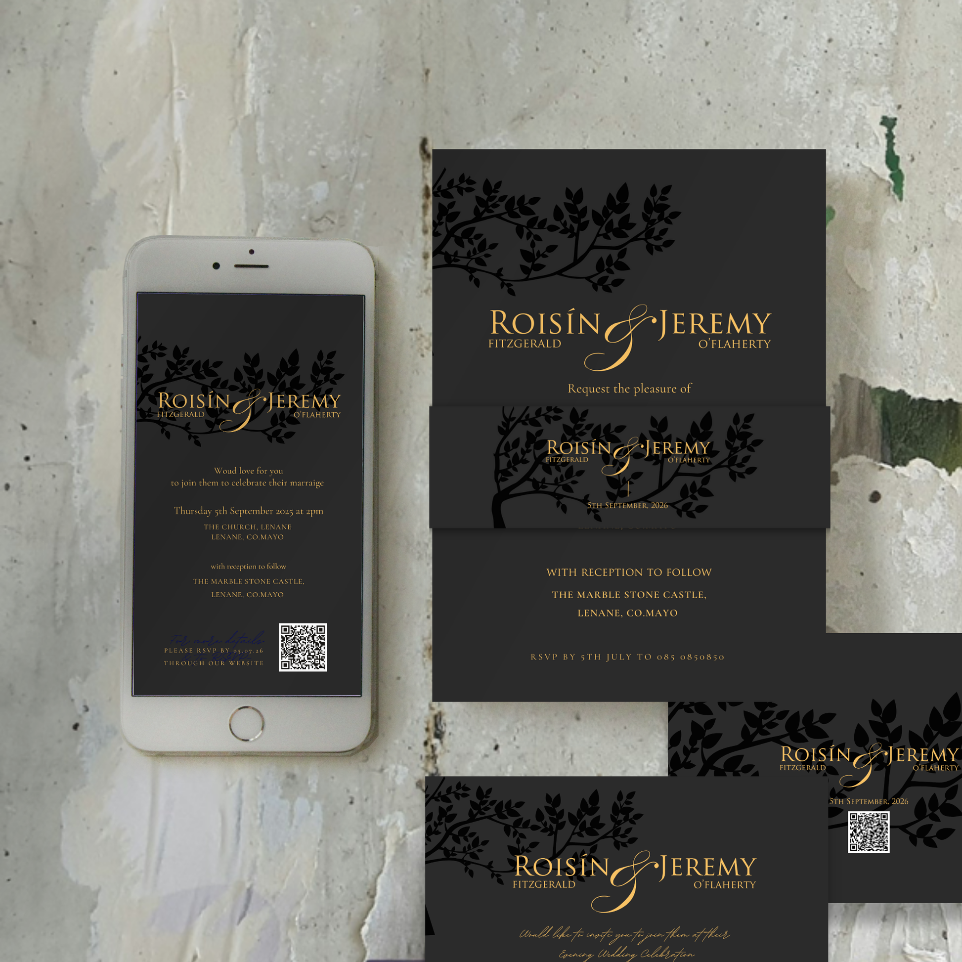Midnight Botanical Wedding Invitation Suite – Canva Template
