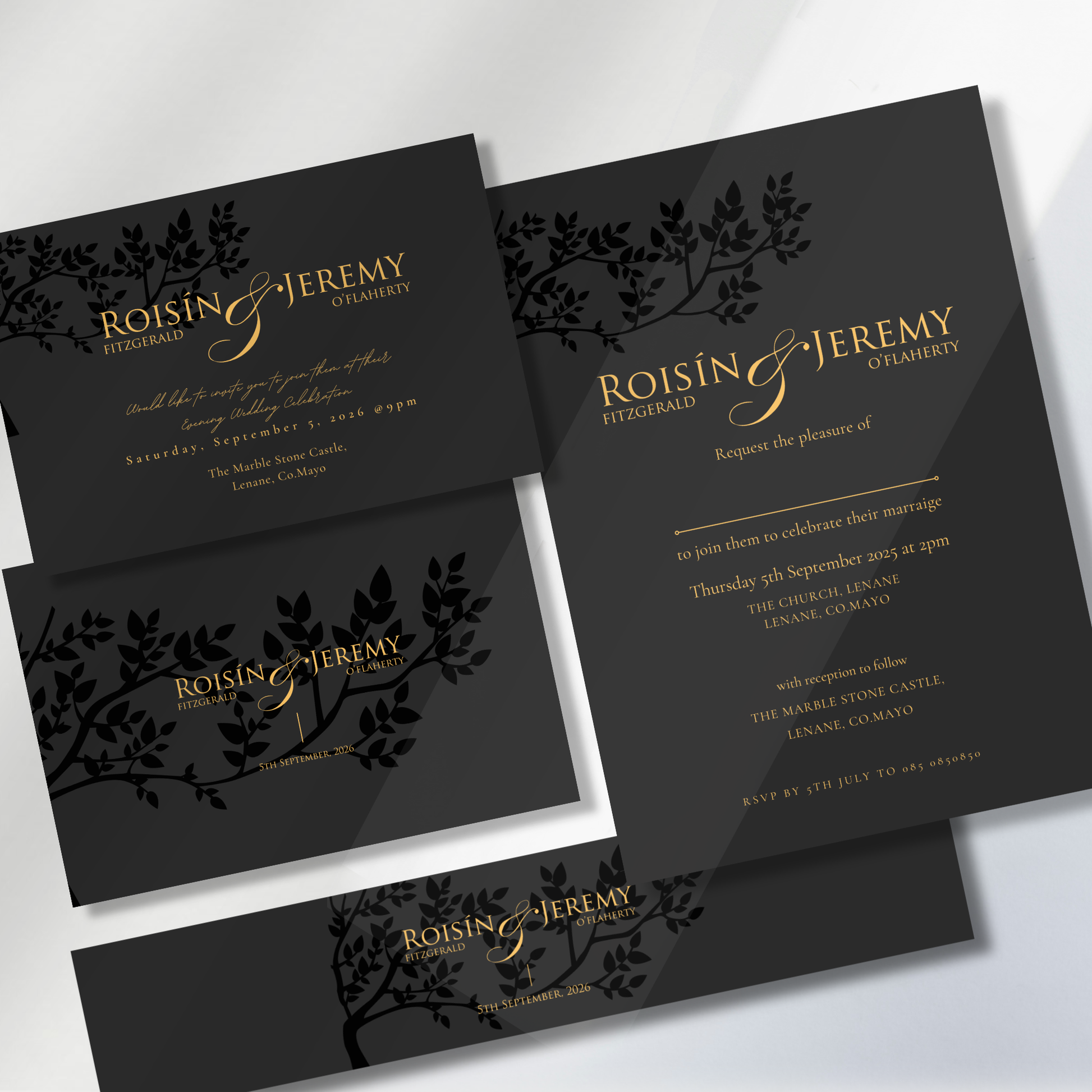 Midnight Botanical Wedding Invitation Suite (Print-Ready PDF Files)