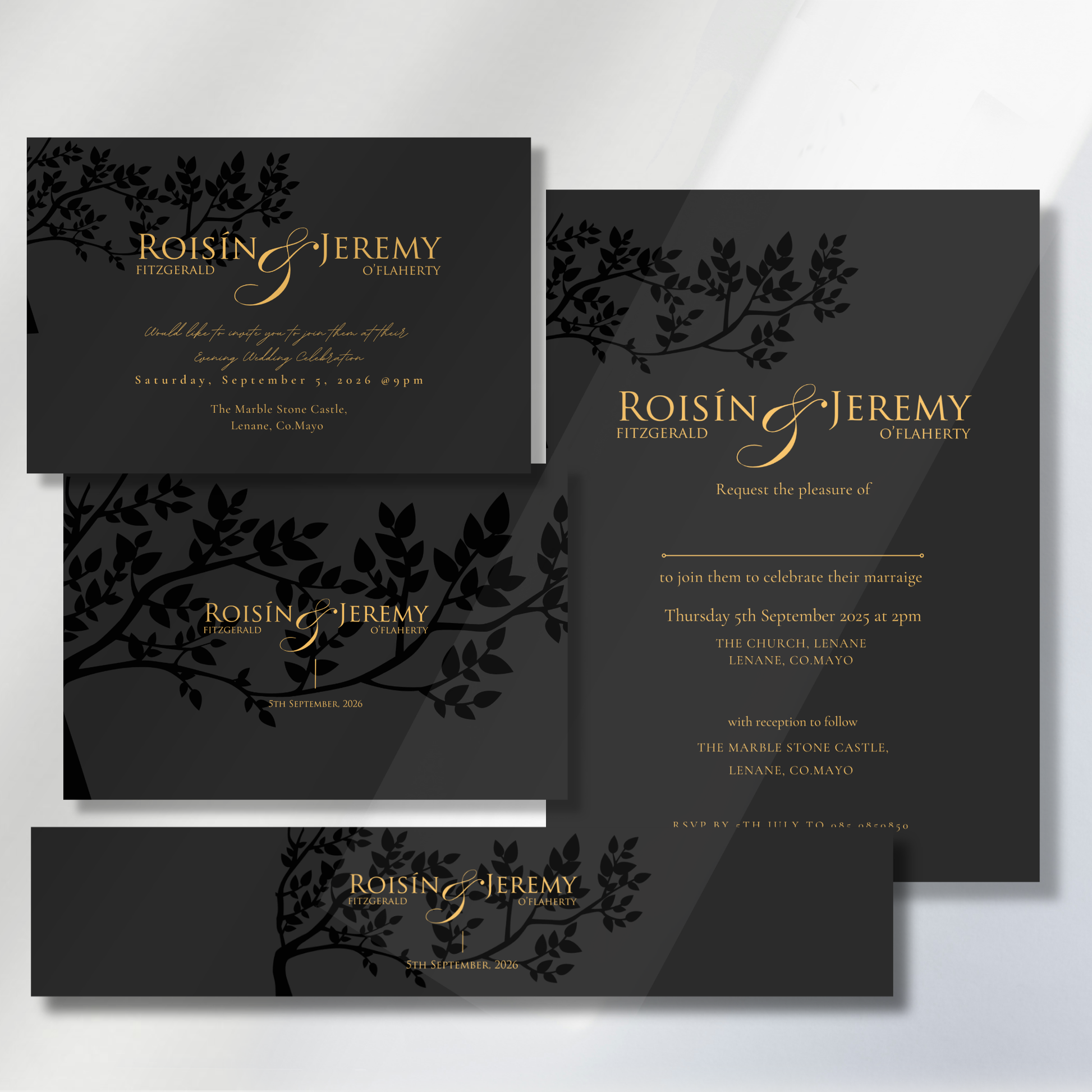 Midnight Botanical Wedding Invitation Suite (Print-Ready PDF Files)