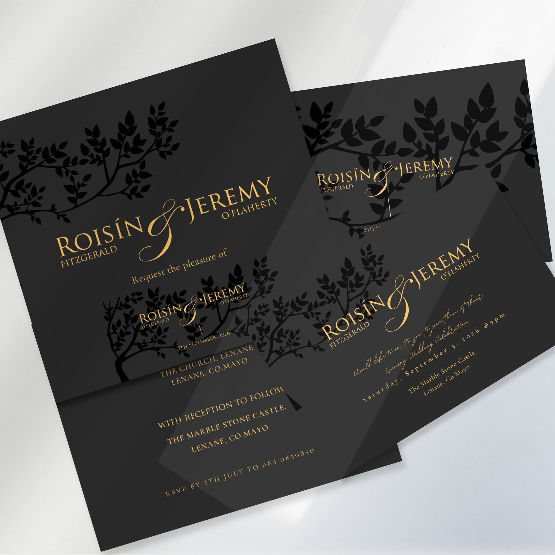 Midnight Botanical Wedding Invitation Suite (Print-Ready PDF Files)