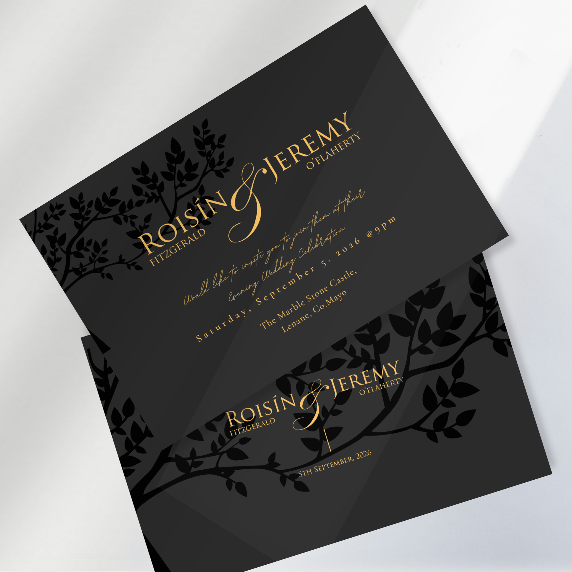 Midnight Botanical Wedding Invitation Suite (Print-Ready PDF Files)