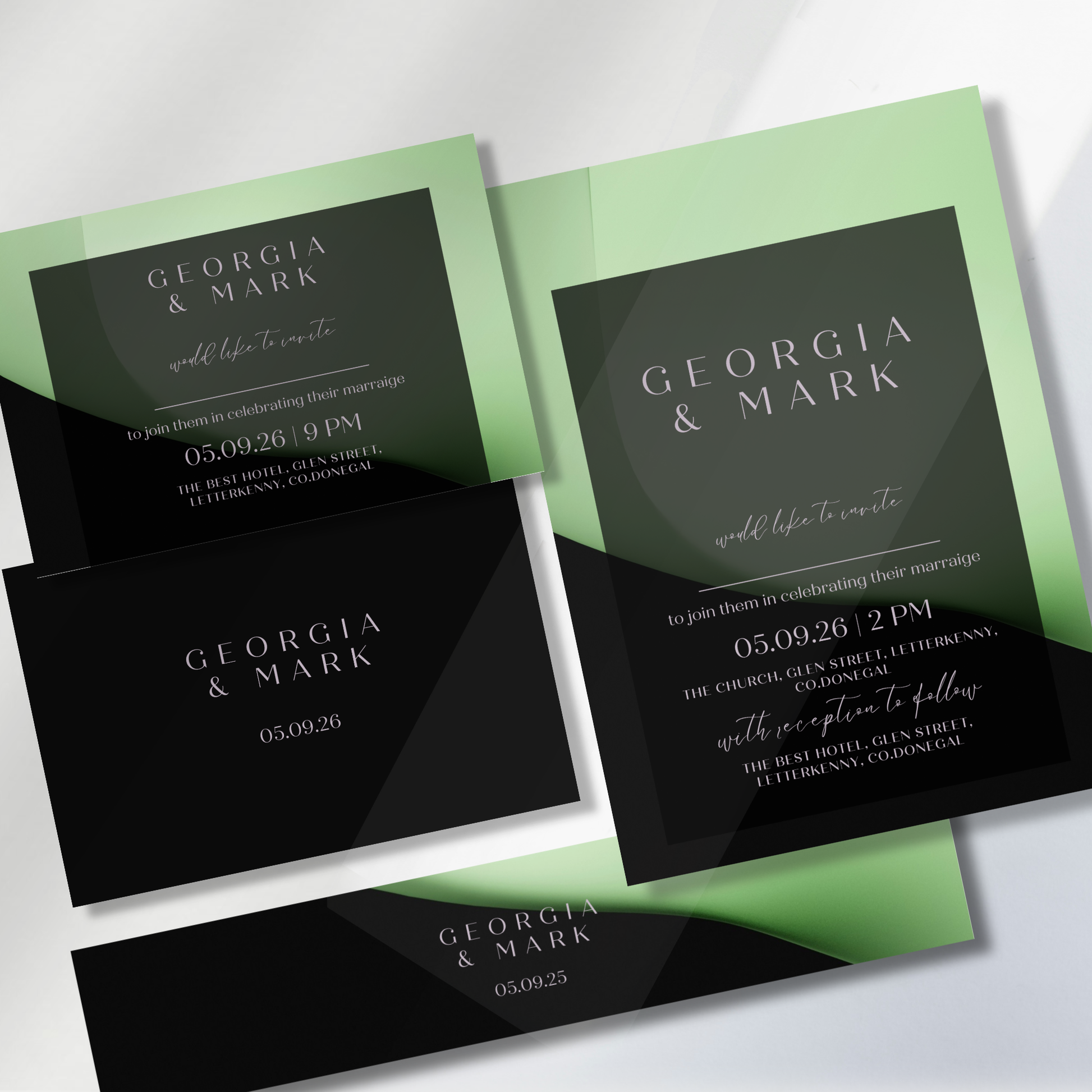Midnight Mint Modern Wedding Invitation Suite (Print-Ready PDF Files)