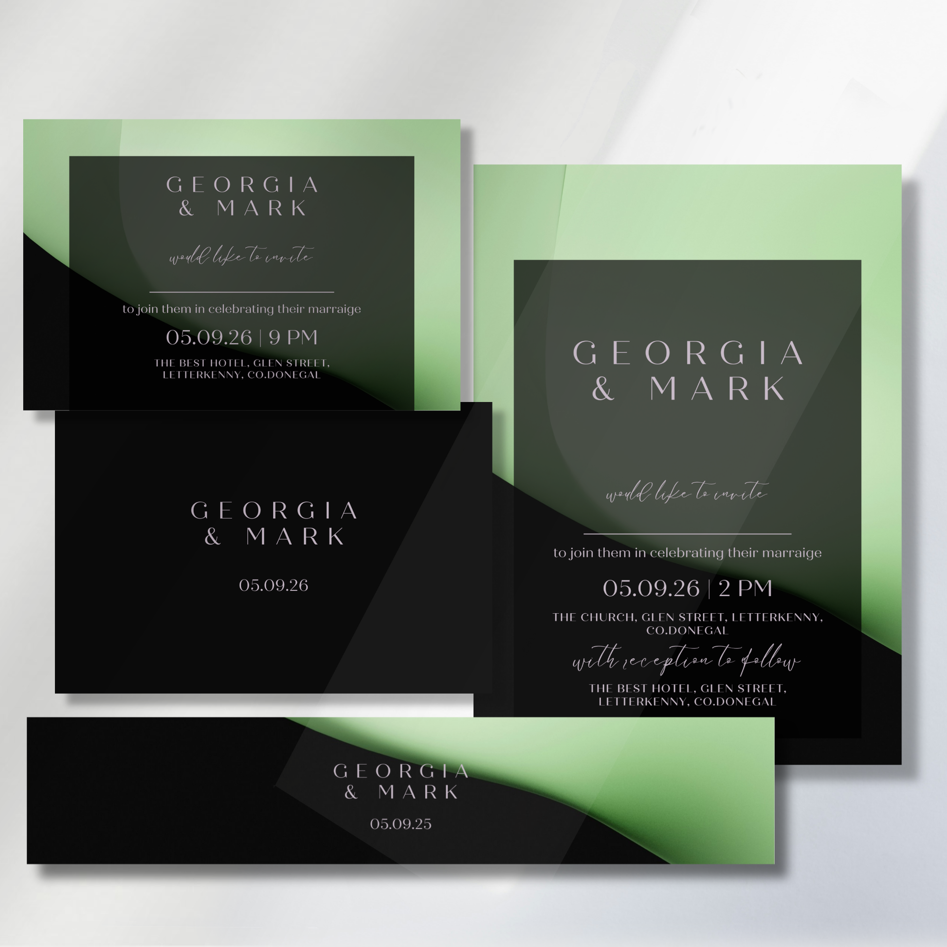 Midnight Mint Modern Wedding Invitation Suite (Print-Ready PDF Files)