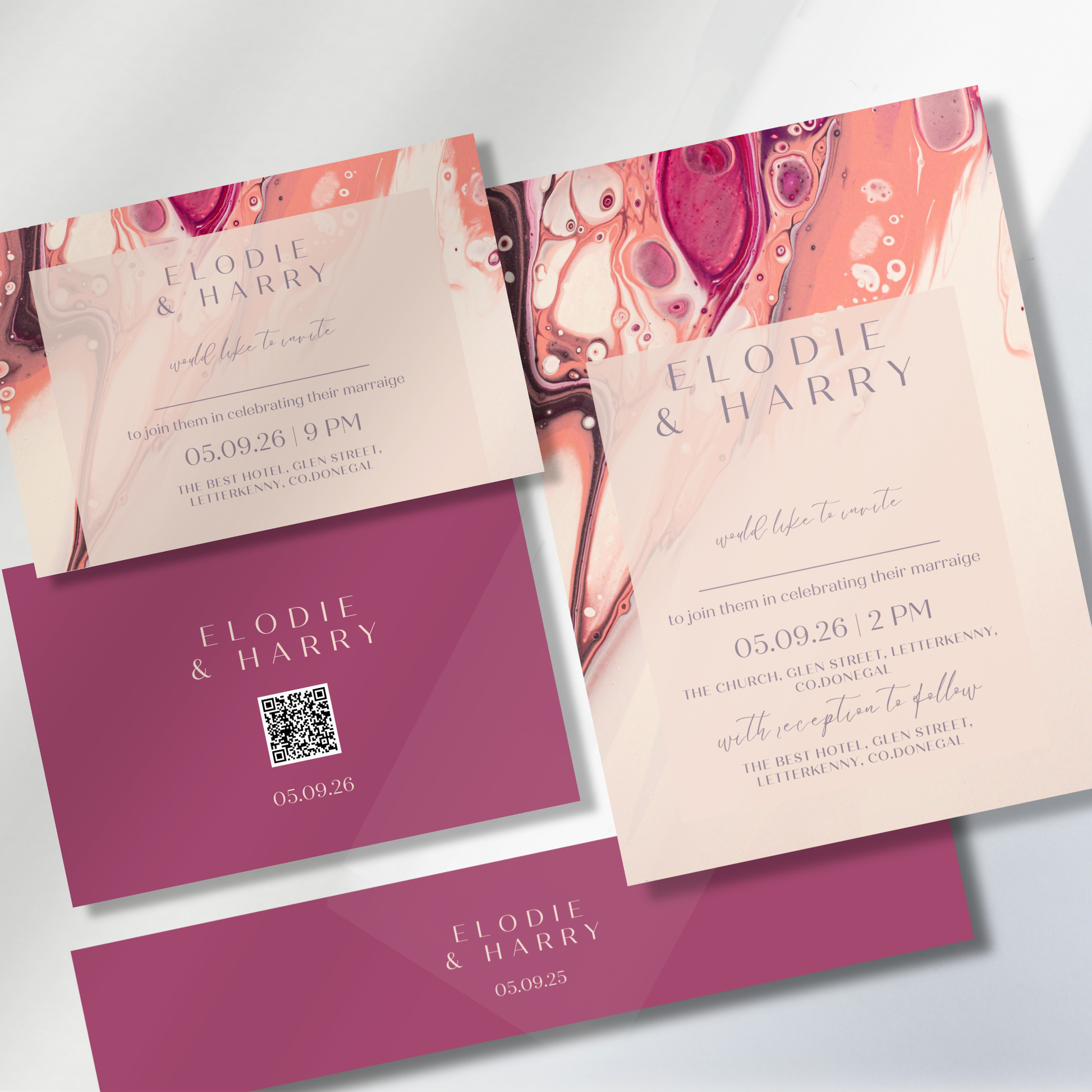 Rose Quartz Flow Fluid Art Wedding Invitation Suite – Canva Template