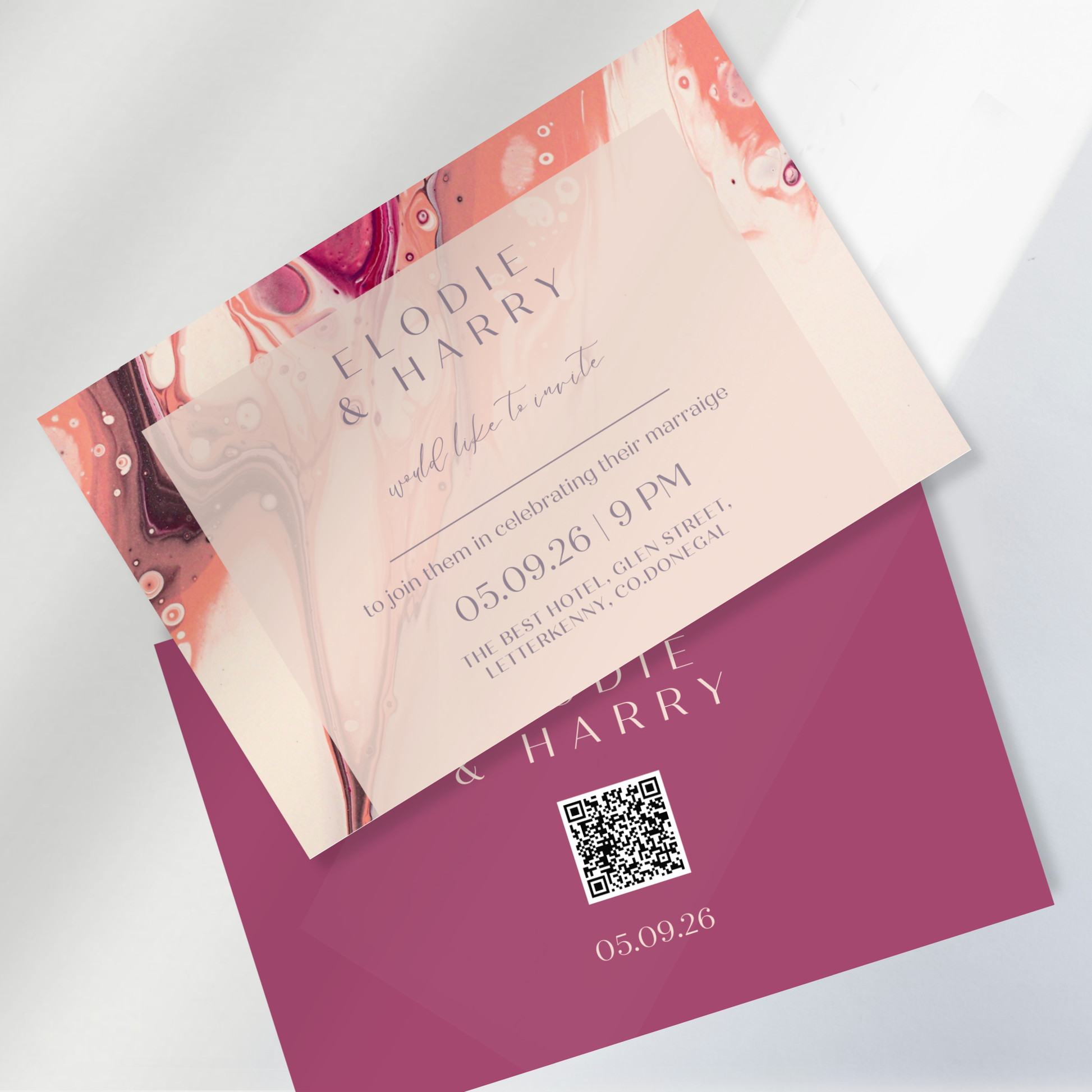 Rose Quartz Flow Fluid Art Wedding Invitation Suite – Canva Template