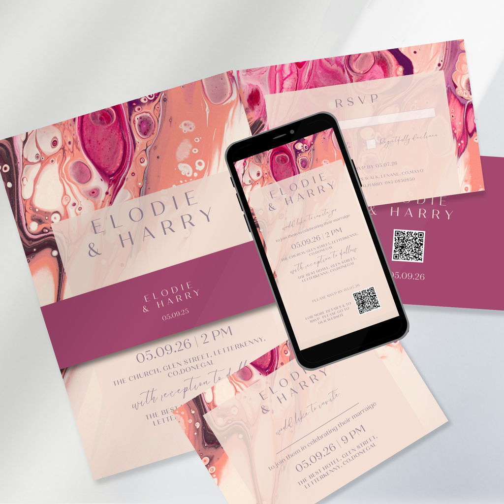 Rose Quartz Flow Fluid Art Wedding Invitation Suite – Canva Template