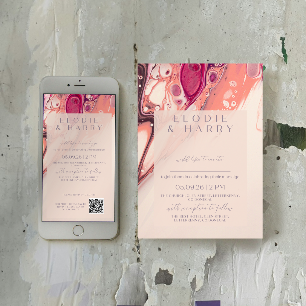 Rose Quartz Flow Fluid Art Wedding Invitation Suite – Canva Template