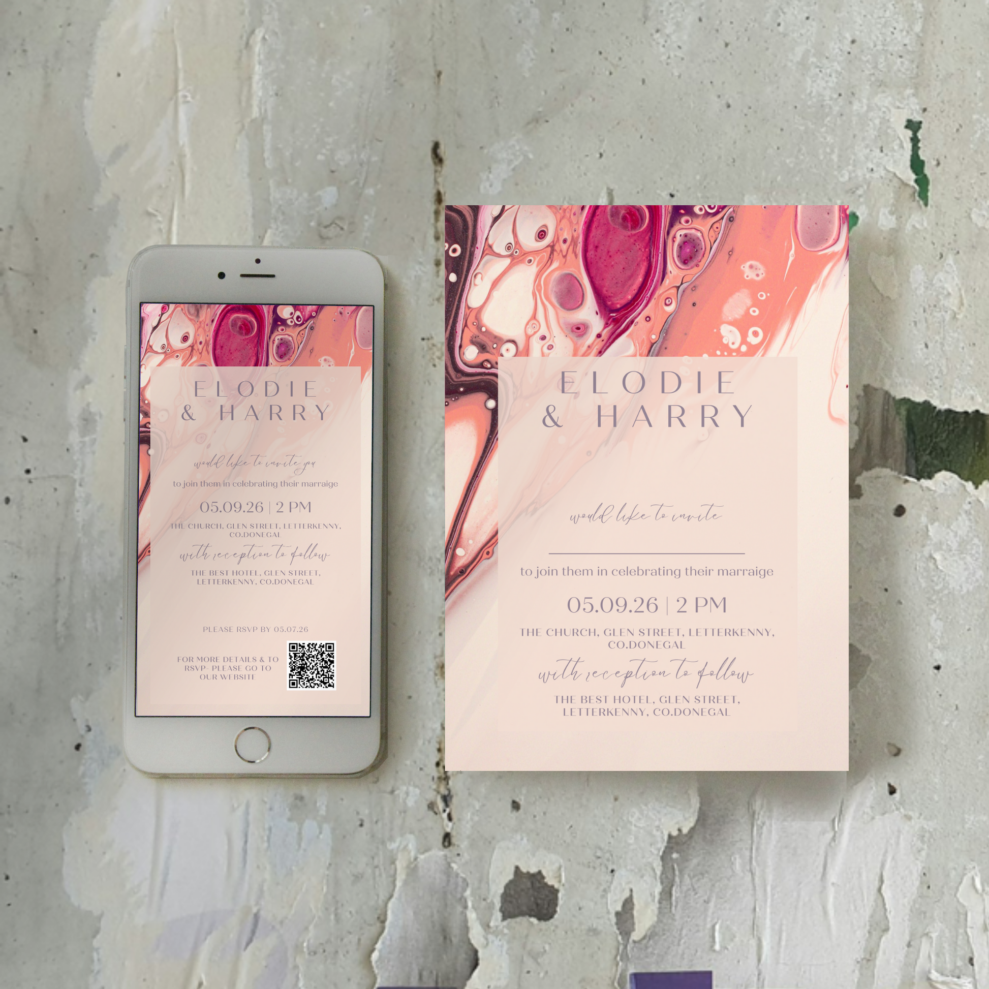 Rose Quartz Flow Fluid Art Wedding Invitation Suite – Canva Template