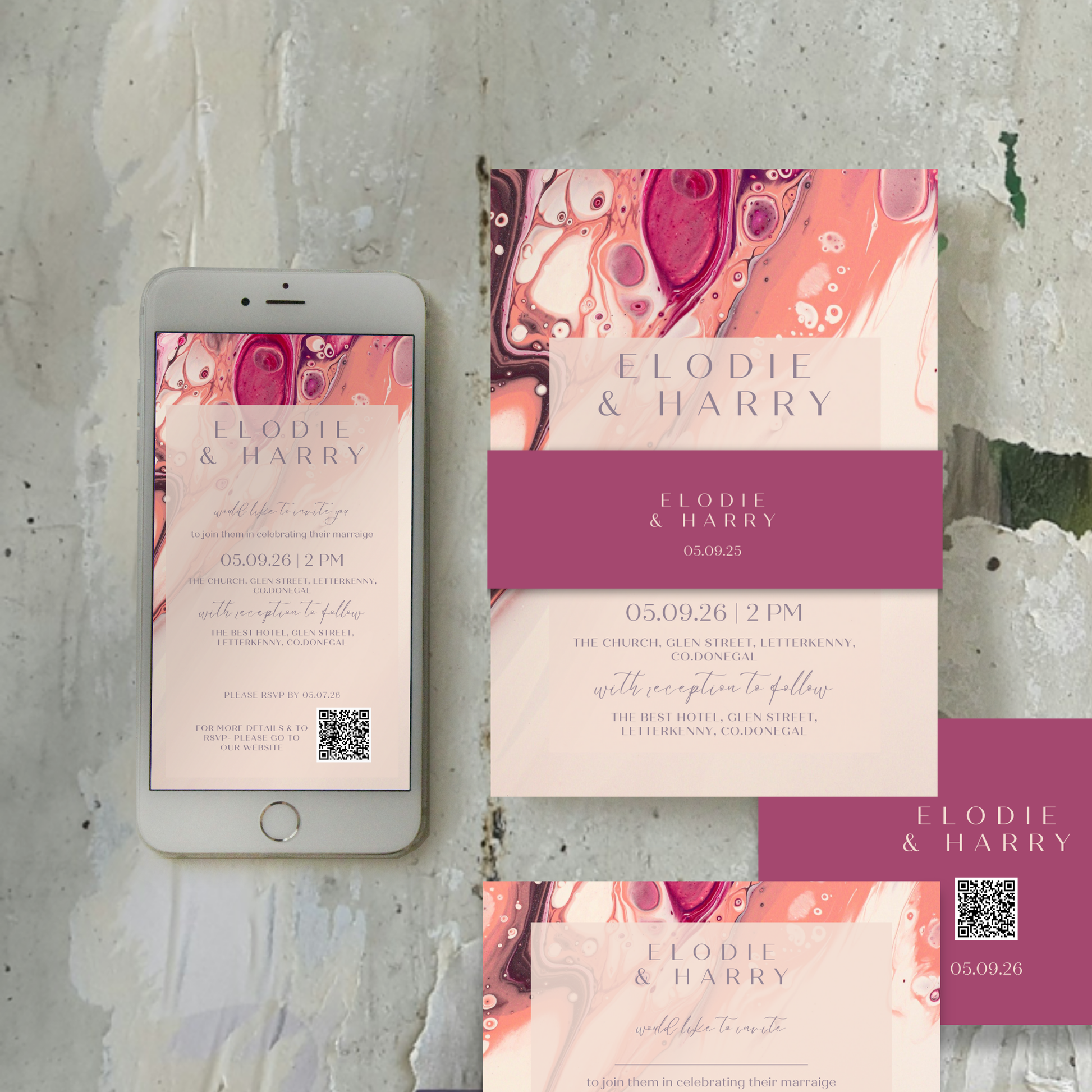 Rose Quartz Flow Fluid Art Wedding Invitation Suite – Canva Template