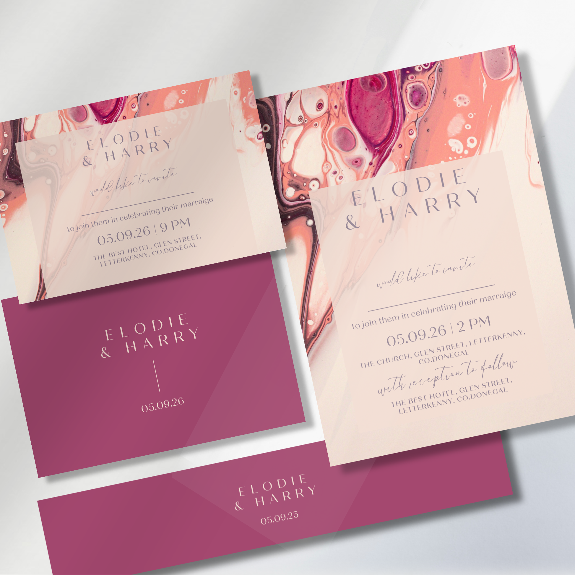 Rose Quartz Flow Fluid Art Wedding Invitation Suite (Print-Ready PDF Files)
