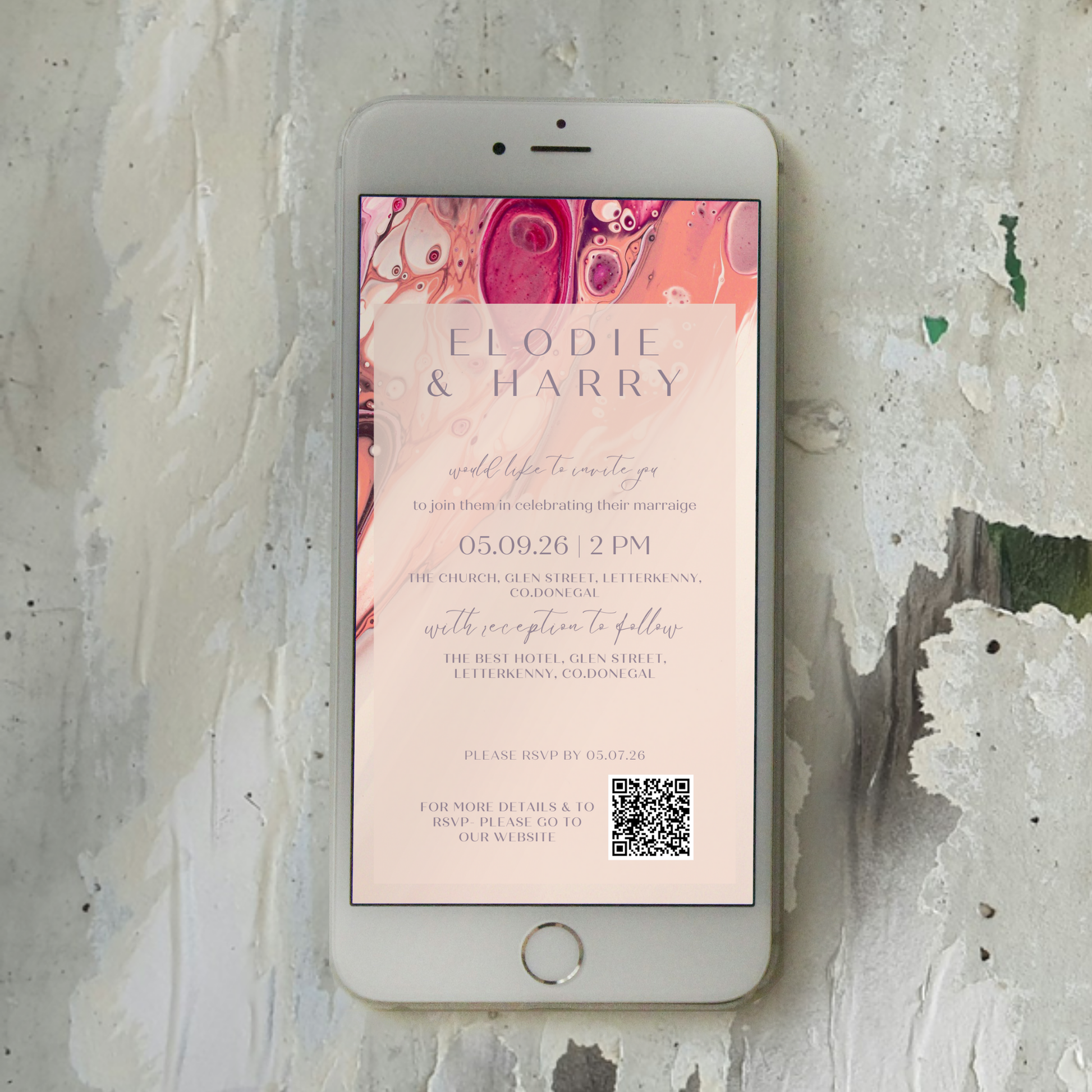 Rose Quartz Flow Fluid Art Wedding Invitation Suite – Canva Template