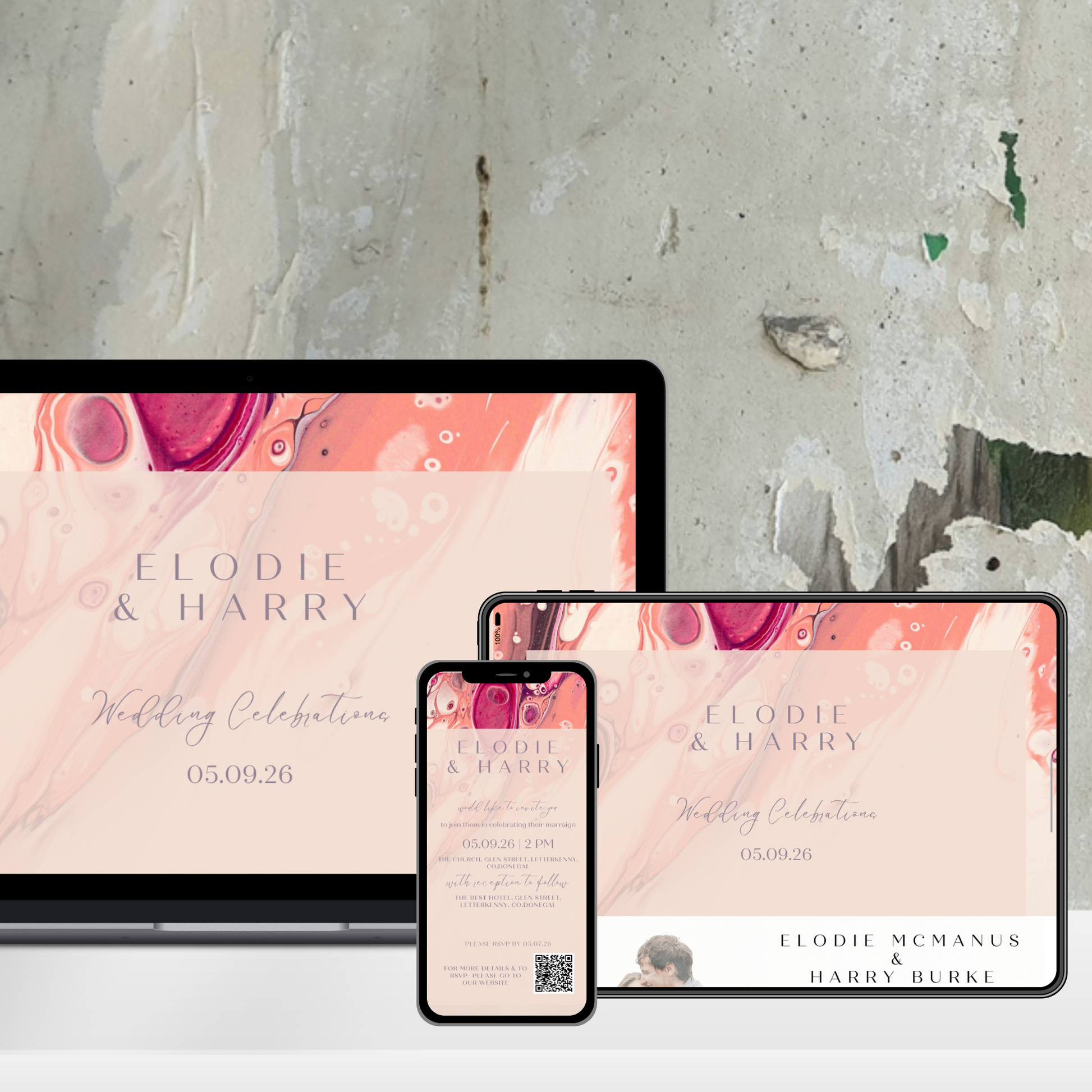 Rose Quartz Flow Fluid Art Wedding Invitation Suite – Canva Template