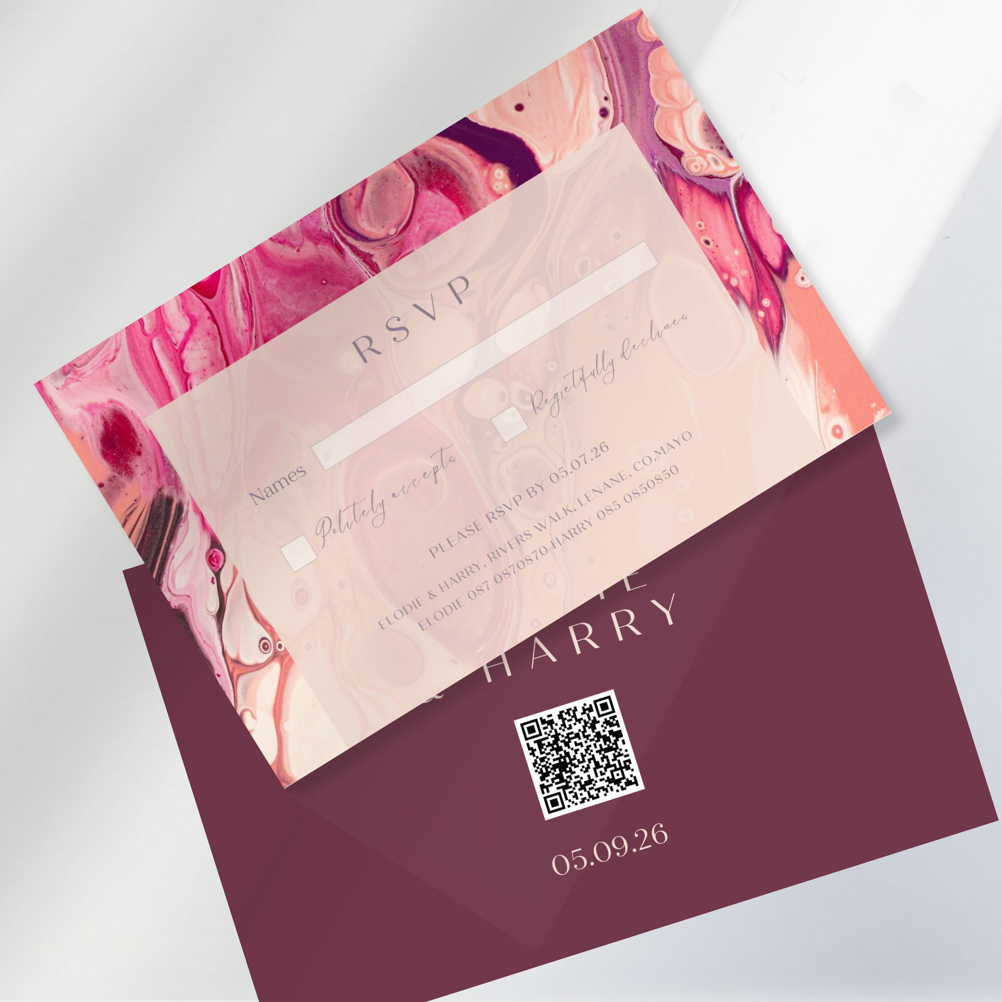 Rose Quartz Flow Fluid Art Wedding Invitation Suite – Canva Template