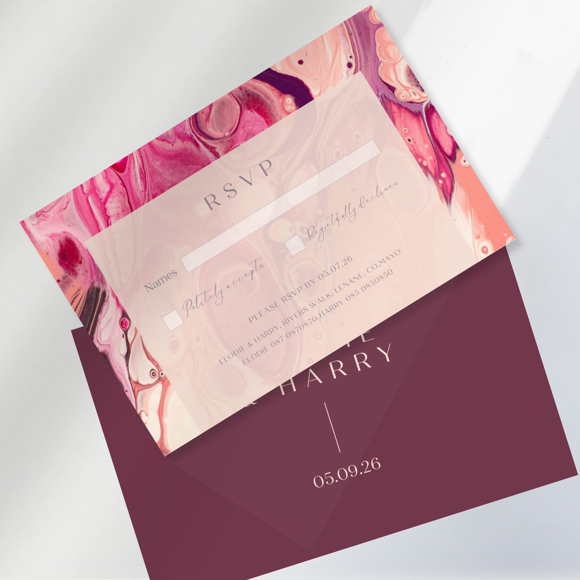 Rose Quartz Flow Fluid Art Wedding Invitation Suite (Print-Ready PDF Files)