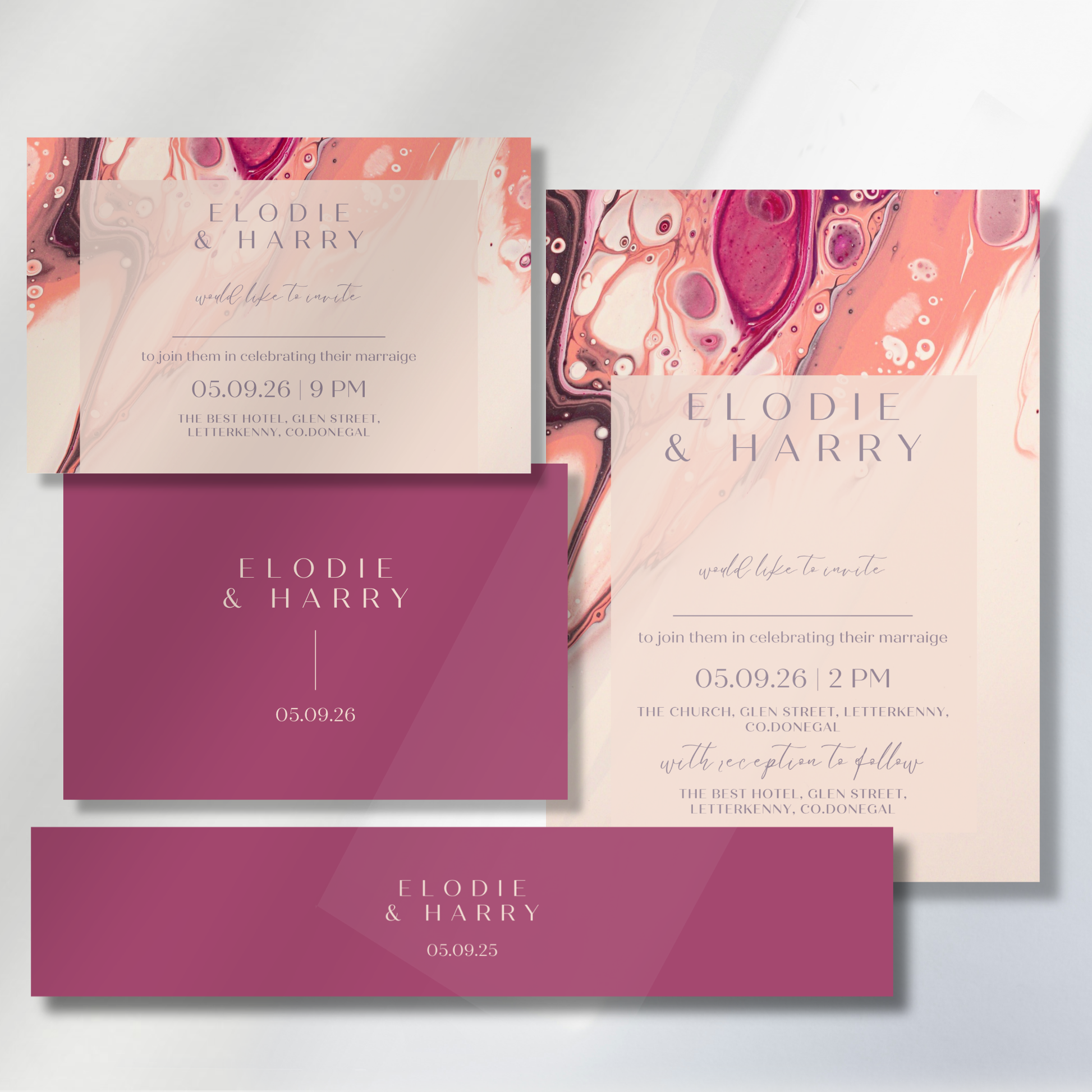 Rose Quartz Flow Fluid Art Wedding Invitation Suite (Print-Ready PDF Files)
