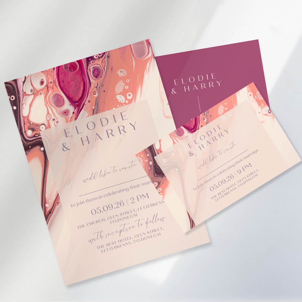 Rose Quartz Flow Fluid Art Wedding Invitation Suite – Canva Template