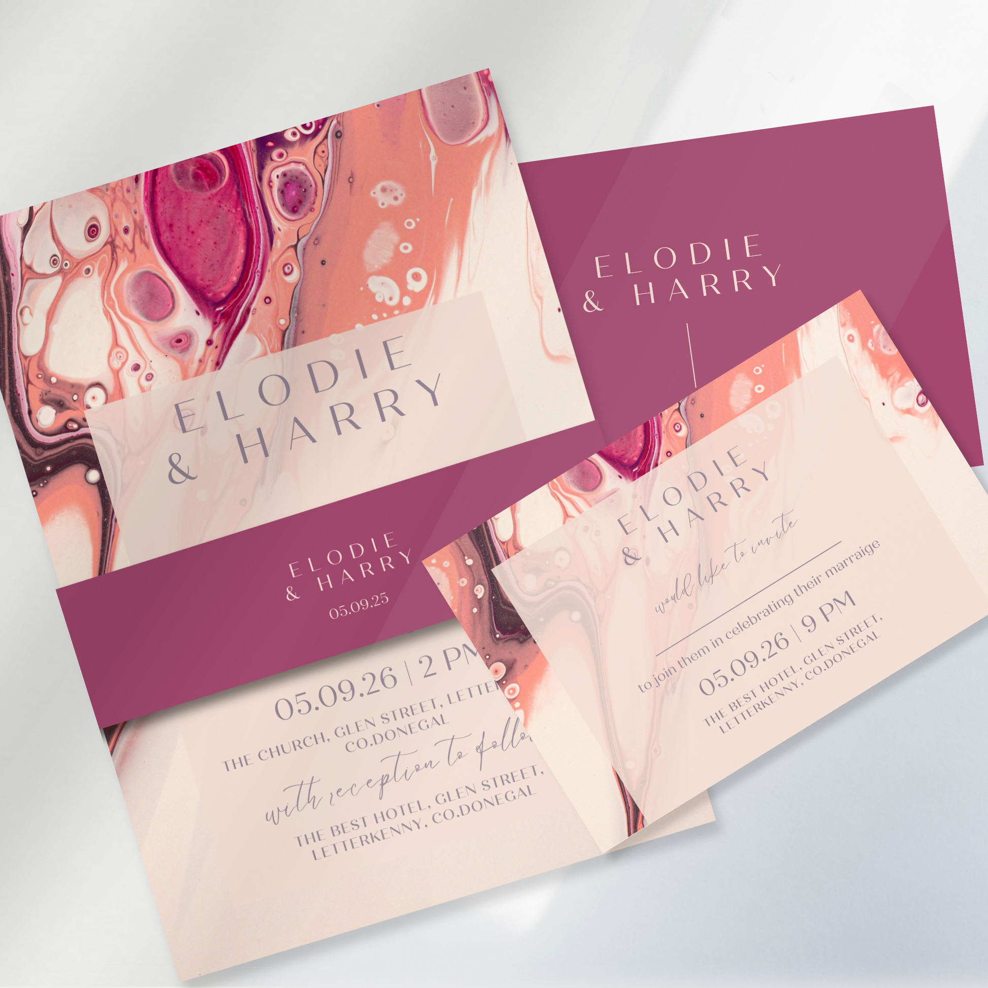 Rose Quartz Flow Fluid Art Wedding Invitation Suite (Print-Ready PDF Files)