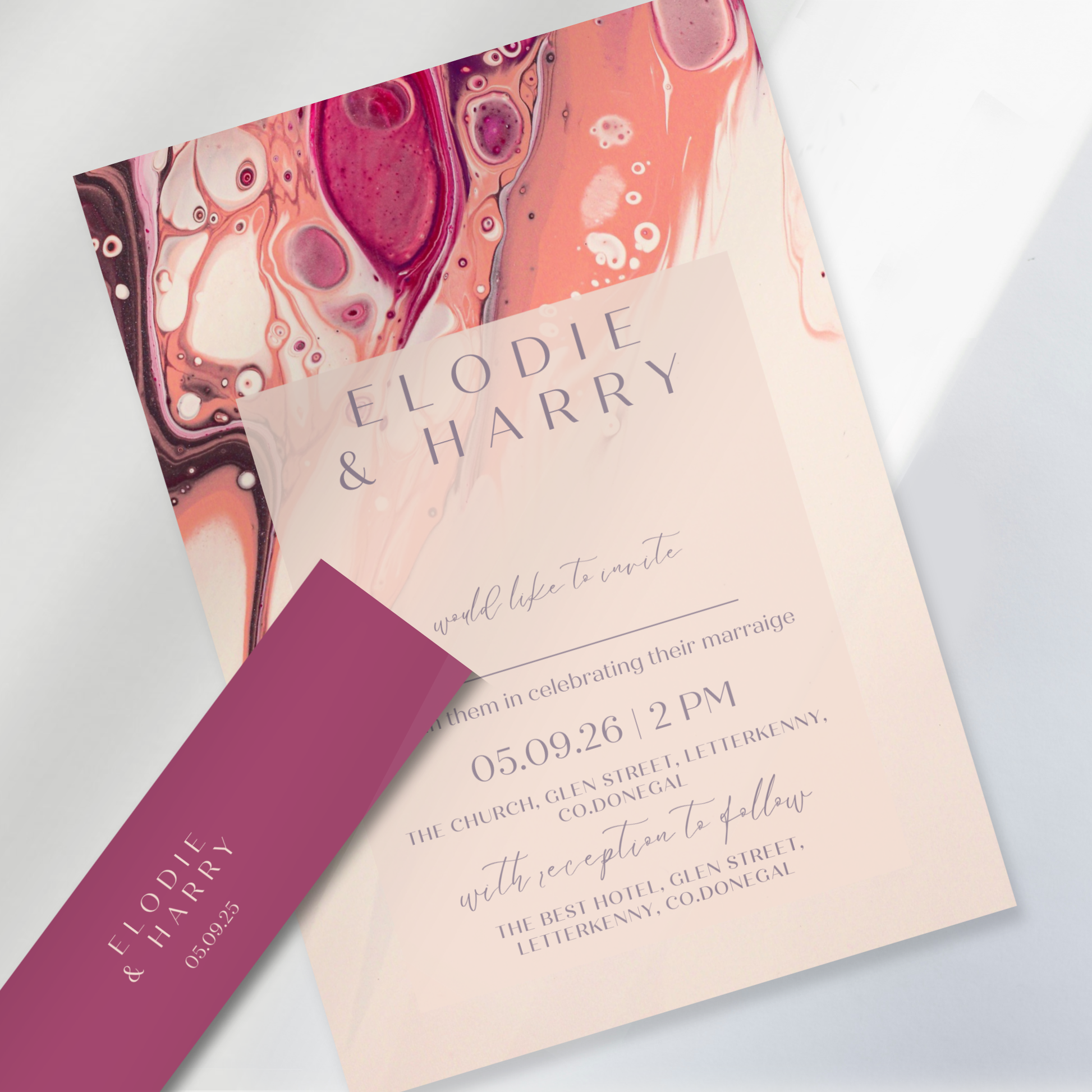 Rose Quartz Flow Fluid Art Wedding Invitation Suite (Print-Ready PDF Files)