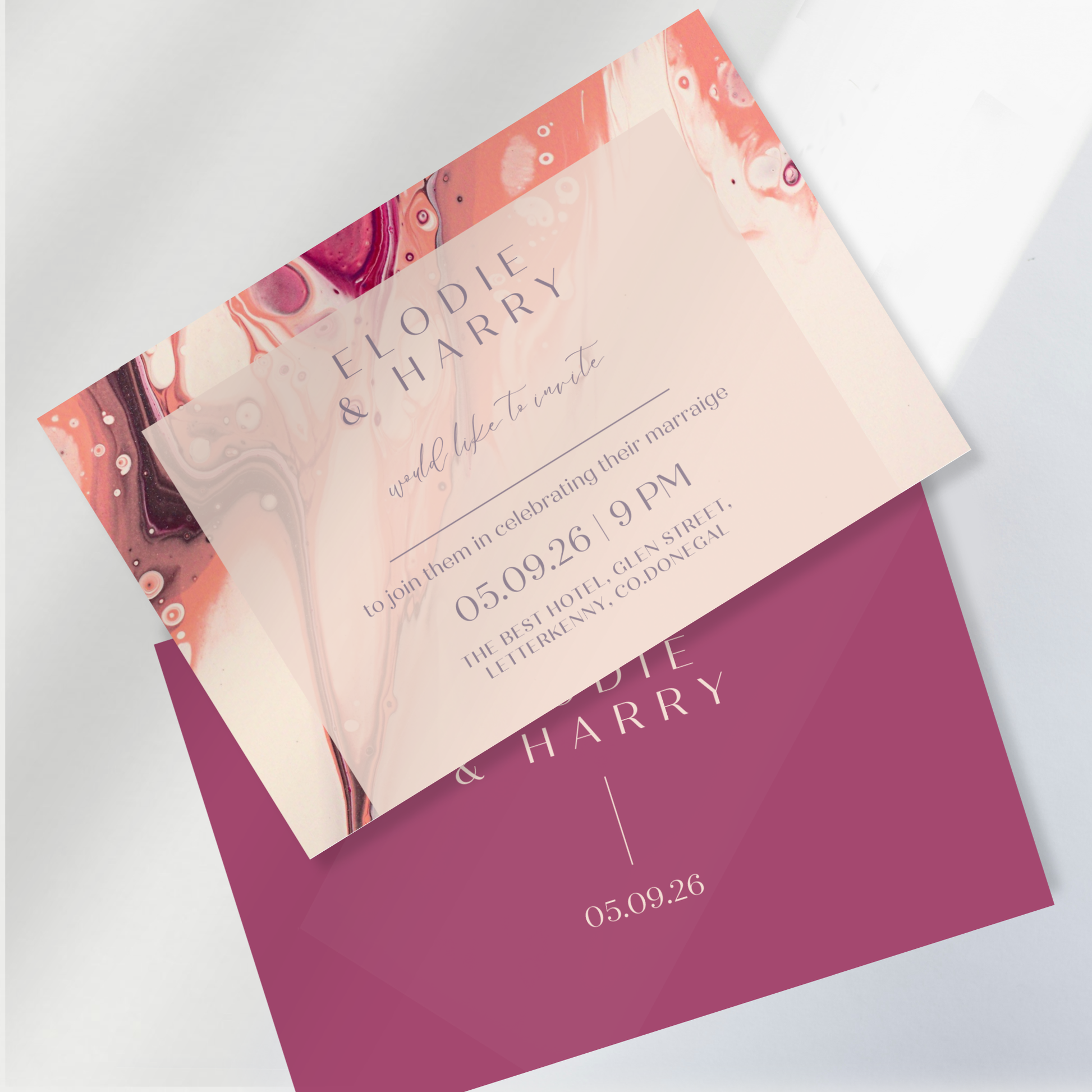 Rose Quartz Flow Fluid Art Wedding Invitation Suite (Print-Ready PDF Files)