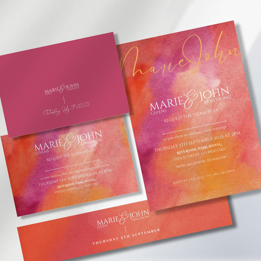 Sunset Burst Watercolour Wedding Invitation Suite (Print-Ready PDF Files)