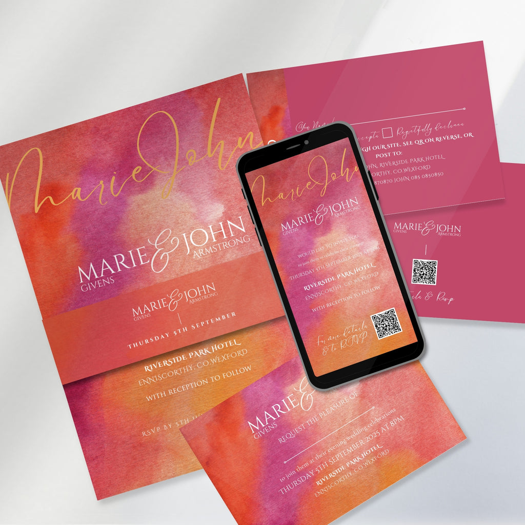 Sunset Burst Watercolour Wedding Invitation Suite, eVite & RSVP Website