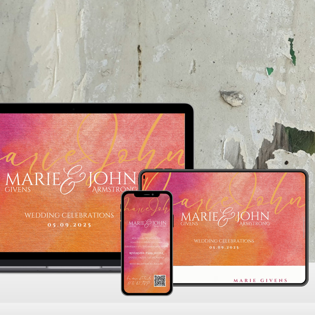Sunset Burst Watercolour Wedding Invitation Suite, eVite & RSVP Website