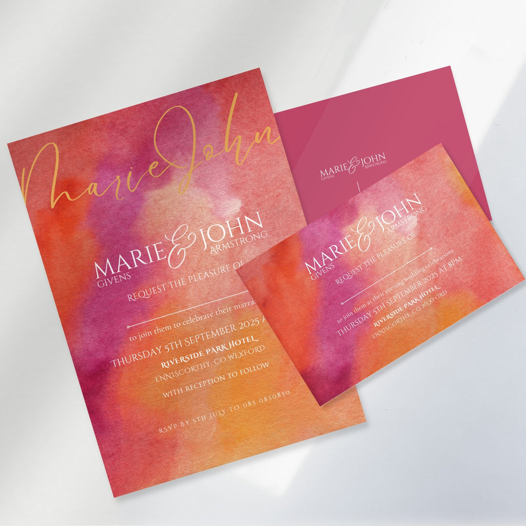 Sunset Burst Watercolour Wedding Invitation Suite (Print-Ready PDF Files)