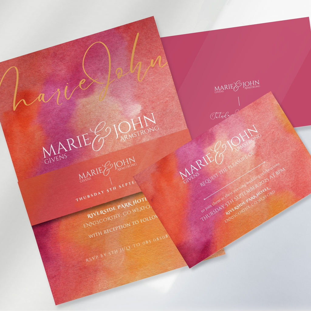 Sunset Burst Watercolour Wedding Invitation Suite (Print-Ready PDF Files)