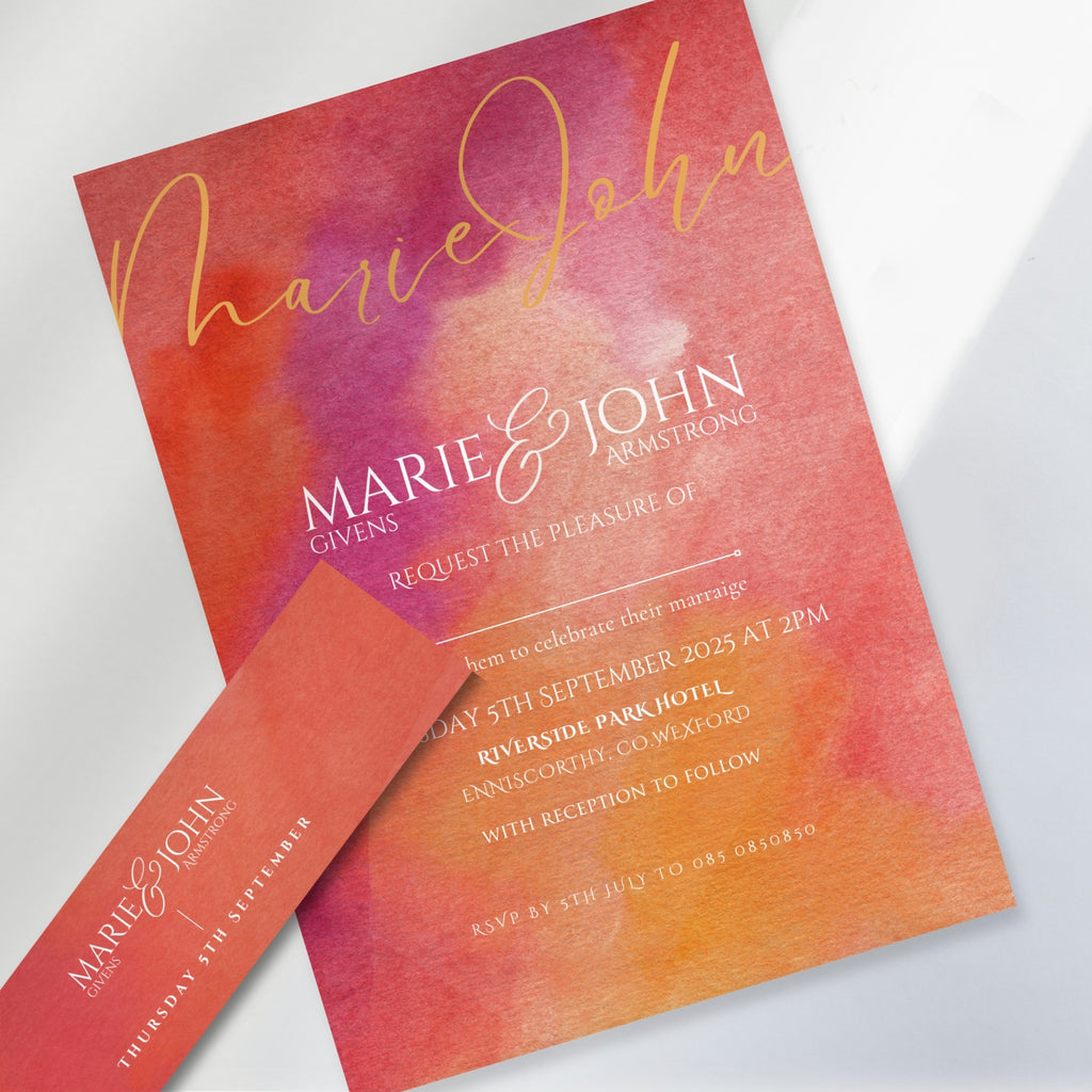 Sunset Burst Watercolour Wedding Invitation Suite (Print-Ready PDF Files)