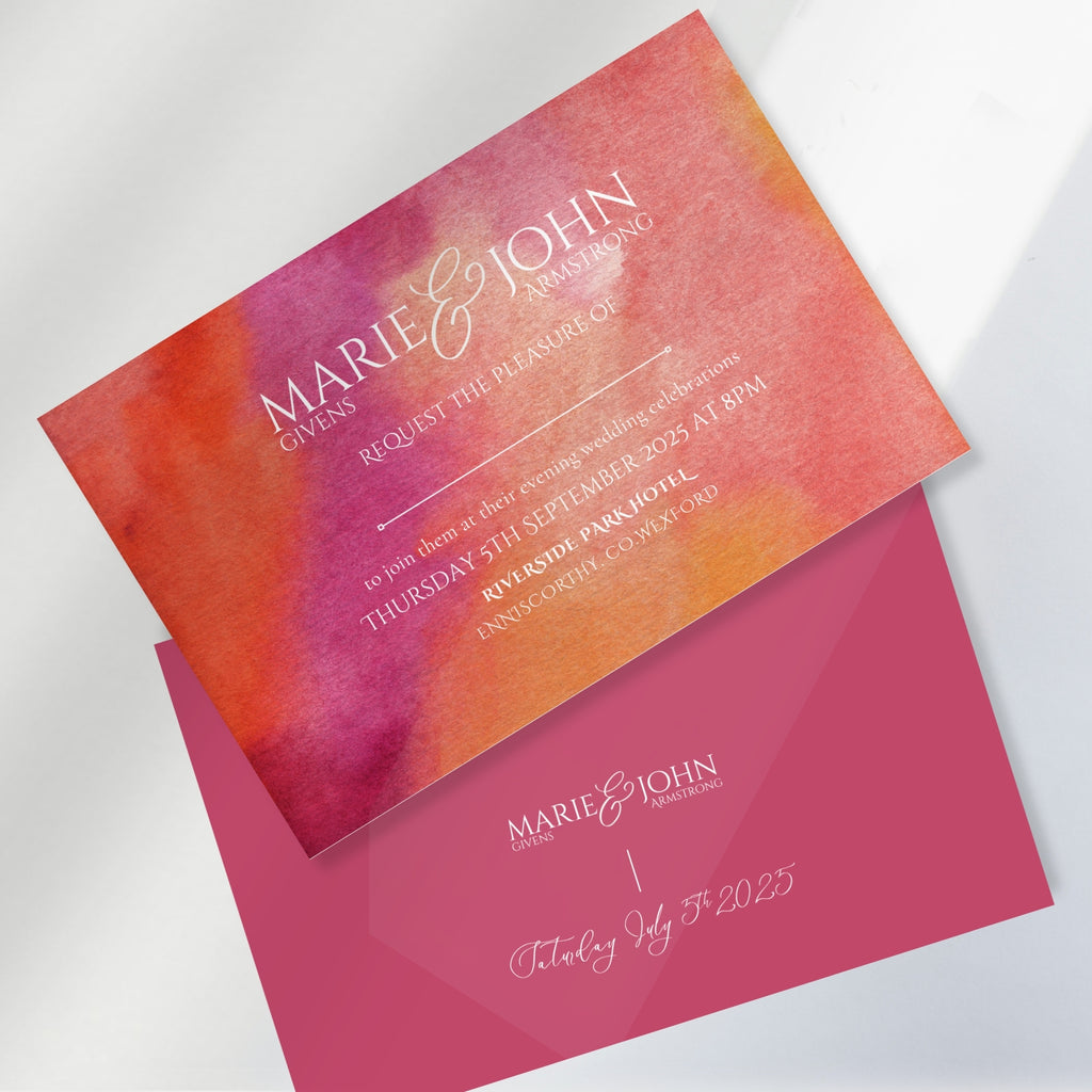 Sunset Burst Watercolour Wedding Invitation Suite (Print-Ready PDF Files)