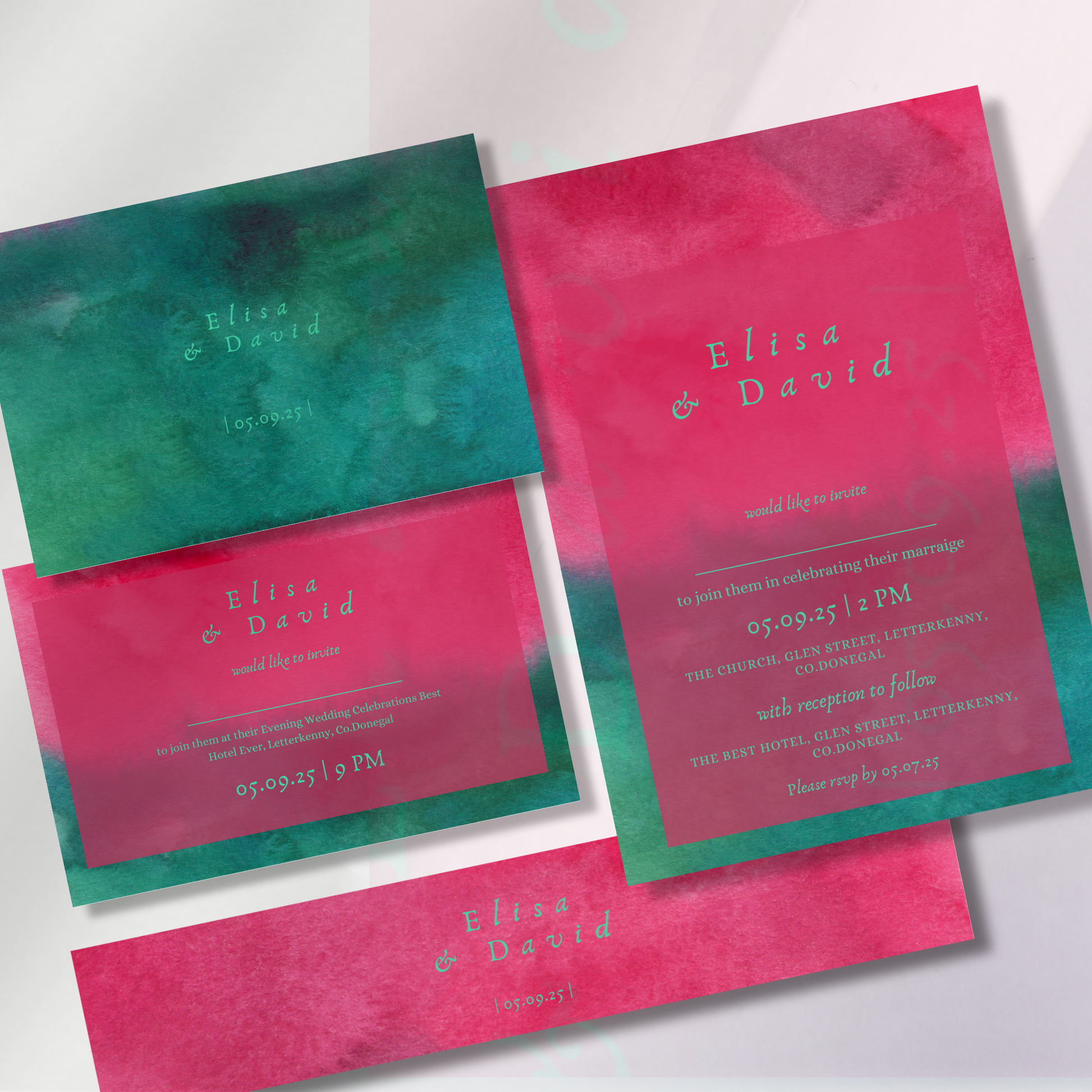 Wild Bloom Watercolour Wedding Invitation Suite (Print-Ready PDF Files)